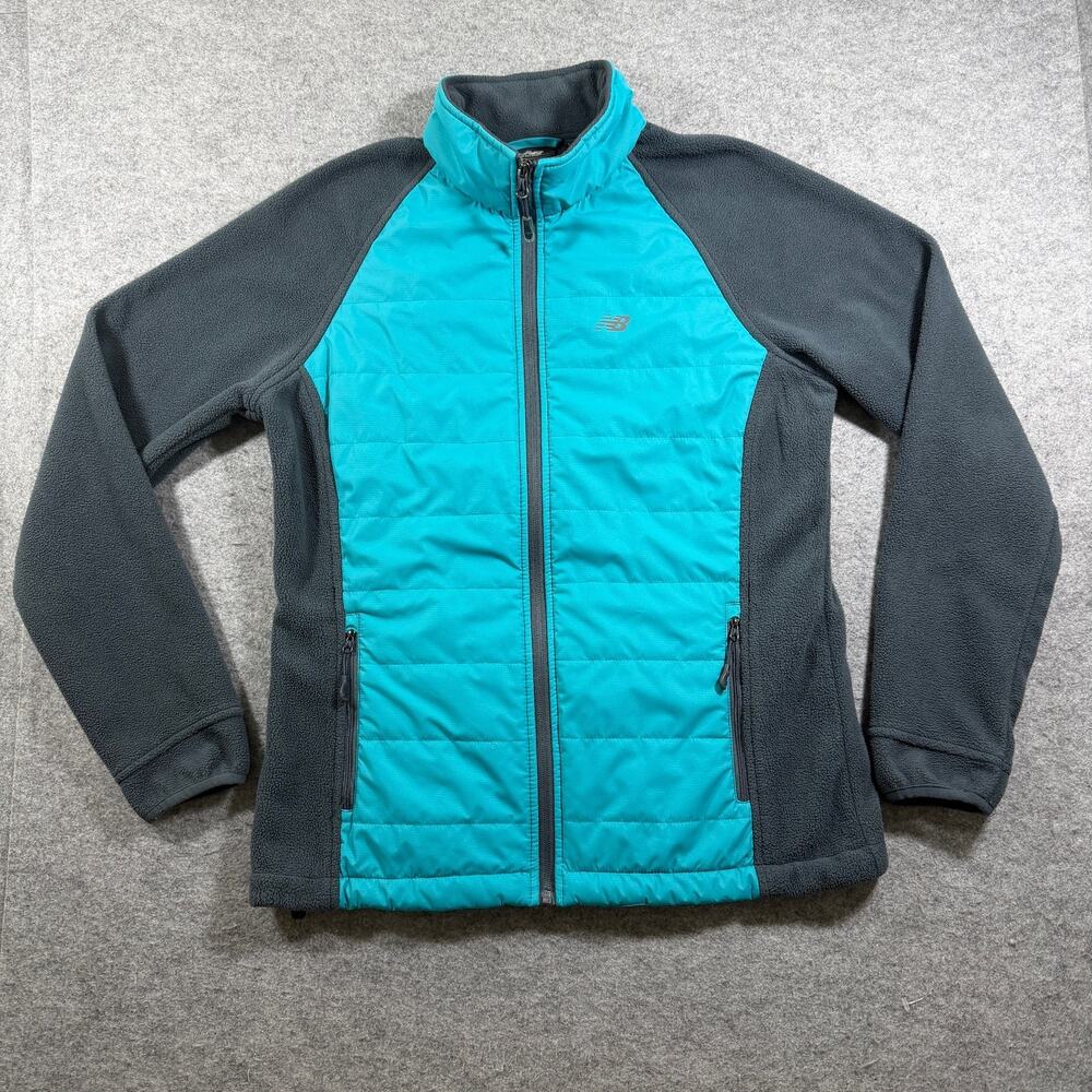 New Balance Puffer Jacket Womens M Teal Black Quilted Fleece Sleeves Zip Pockets